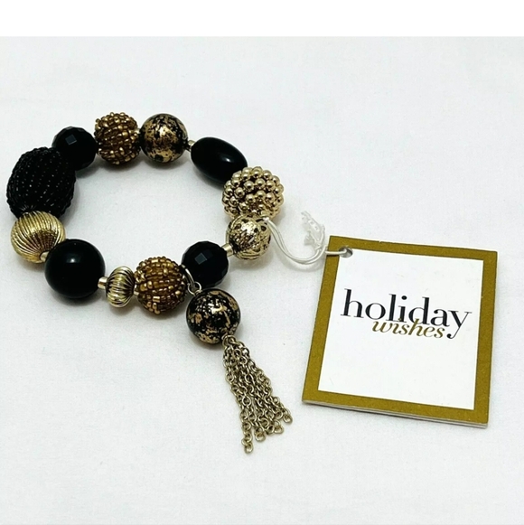 NWT Chico's Black and Gold Beaded Statement Bracelet With Tassle Holiday Wishes - Picture 2 of 6